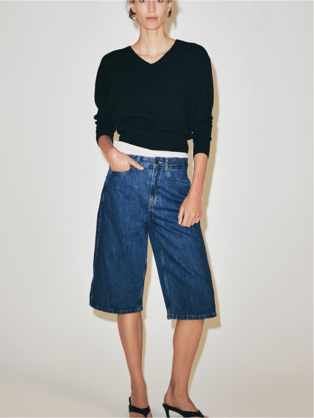 Zara High-Rise Dark Blue Denim Bermuda Shorts
